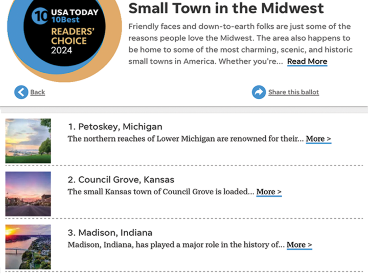 Nominated for USA TODAY 10Best Readers’ Choice: Best Small Town in the Midwest